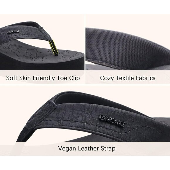 🆕  Black Vegan Leather Platform Flip Flops Dressy Summer Sandals Arch Support - Picture 4 of 7
